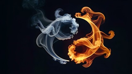 Yin and Yang Shaped Smoke in Anzac Colors Swirling Gracefully Against a Deep Midnight Blue Background