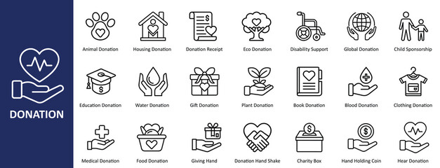 Donation Outline Icons – Charity, Fundraising, Heart, Coin, Hand, Vector Line Art Set