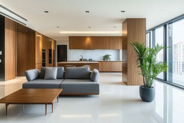 Sophisticated open-plan living and kitchen space with sleek white flooring, gray sofa, and city skyline views