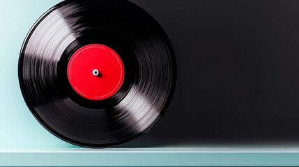Fototapeta premium Black record with a red label sits on a shelf. The record is old and worn, and it has a vintage feel to it. The red label adds a pop of color to the otherwise monochromatic scene