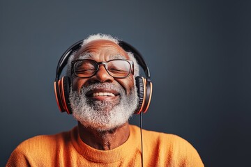 Man wearing glasses and orange sweater is smiling while listening to music. Concept of happiness and relaxation