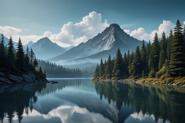 mountains and trees are reflected in a lake in the middle of a forest