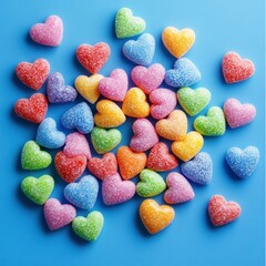 Colorful heart-shaped candies scattered on a blue background (2)