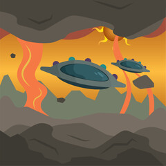 Lava world with UFOs. Vector