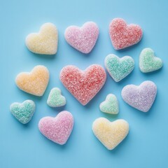 Obraz premium Colorful heart-shaped candies arranged on a light blue background (4)
