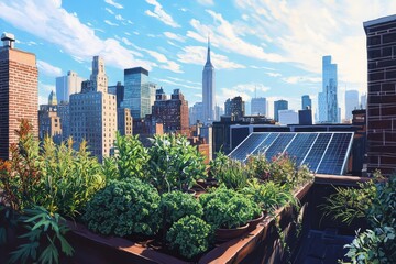 Fototapeta premium Rooftop garden overlooking a city skyline on a sunny day.