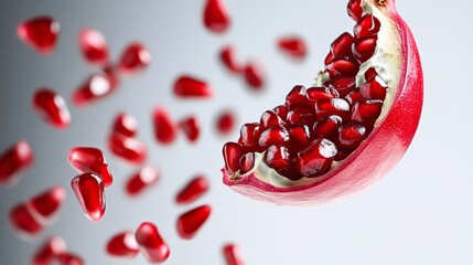 Red pomegranate is sliced open, revealing its seeds. The image has a vibrant and energetic feel, with the pomegranate seeds flying out in all directions. The colors are bright and bold