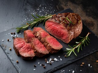 Deliciously cooked beef tenderloin sliced with fresh rosemary on a dark stone slab.