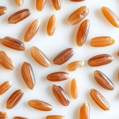 Obraz premium Brown rice grains scattered on white background