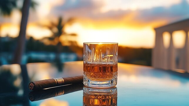 Whiskey glass and cigar on reflective table with sunset and palm trees by the sea.