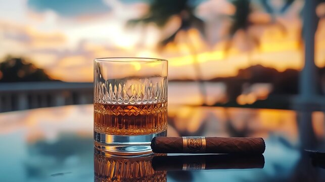 Whiskey glass and cigar on reflective table with sunset and palm trees by the sea.