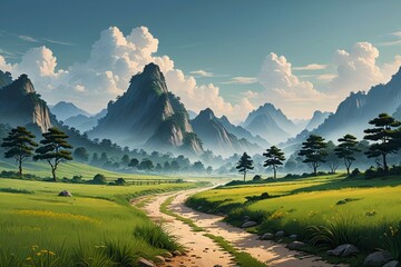 Obraz premium there is a painting of a mountain landscape with a dirt road