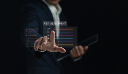 Risk assessment and document management concept, businessman using finger to tap online survey form, checklist, document approval, business organization performance evaluation with virtual graphic