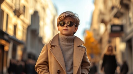 Stylish child in sunglasses walks through a bustling street