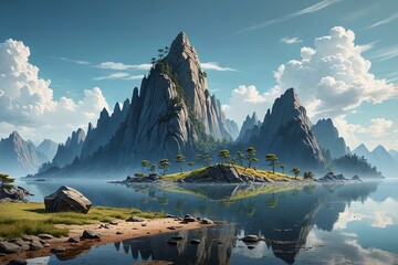 there is a painting of a mountain range with a lake in the foreground