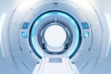 Futuristic medical scanner with bright blue light accents, showing a patient table leading into the circular opening
