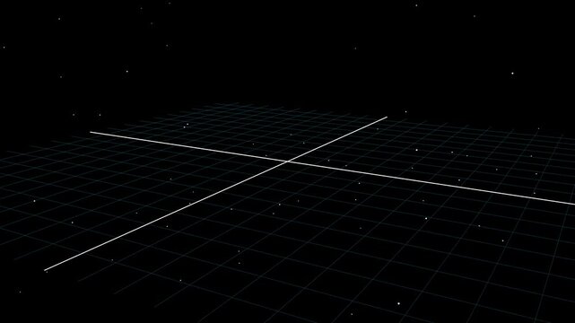 Abstract digital visualization of quantum space-time: translucent blue cubes form a 3D matrix suspended in cosmic darkness, intersected by precise coordinate lines, portraying the paradoxical nature o