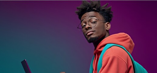 Man wearing glasses and a red hoodie is holding a laptop. Concept of focus and productivity, as the man is likely working on his laptop