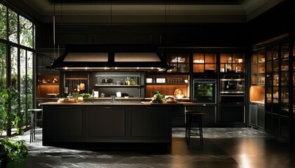Dark, luxurious kitchen with island