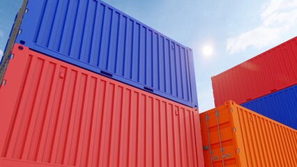 Fototapeta premium Cargo container stack. Export logistics shipping transportation. Stacked containers. Containers cargo shipping. Logistic transportation industry. Freight import-Export. Distribution warehouse. 