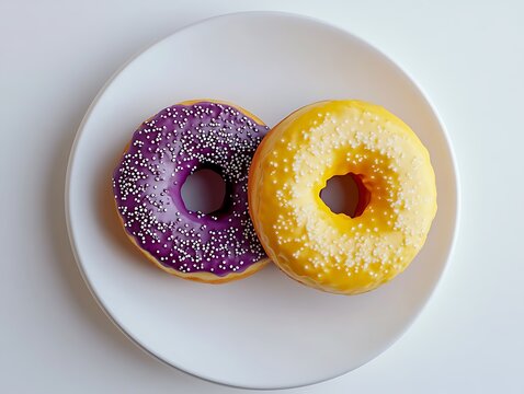 Two glazed donuts, purple and yellow icing with sprinkles on white plate close up