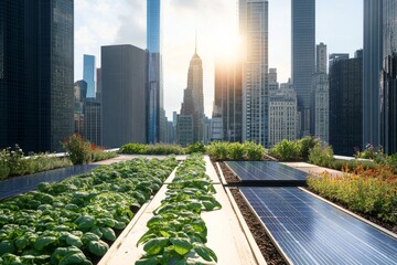 Fototapeta premium Urban rooftop farm with solar panels and skyscrapers.