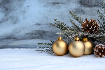 Festive Gold Ornaments on Snow - Three gold Christmas ornaments rest on a snowy surface, nestled amongst pine branches and pinecones. A serene winter scene