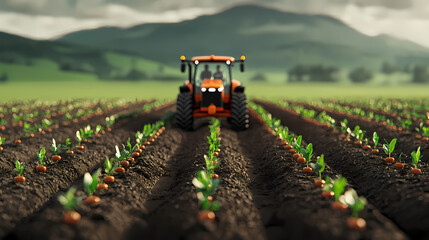 Obraz premium A tractor works on a lush, green field with young crops growing in neat rows, set against a backdrop of rolling hills and mountains.