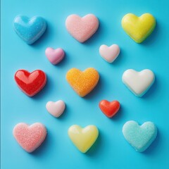 Obraz premium Colorful heart-shaped candies arranged on a blue background (2)