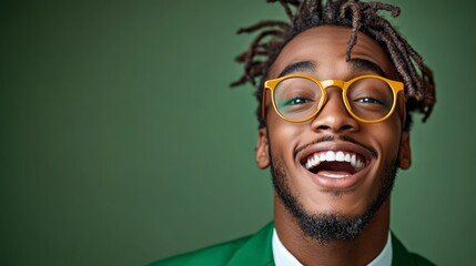 Obraz premium Man with a beard and glasses is smiling and wearing a green suit. Concept of confidence and positivity