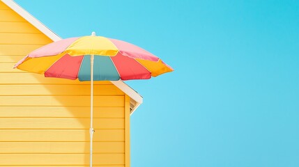 Vibrant Striped Beach Umbrella by Yellow Beach House Sunny Day