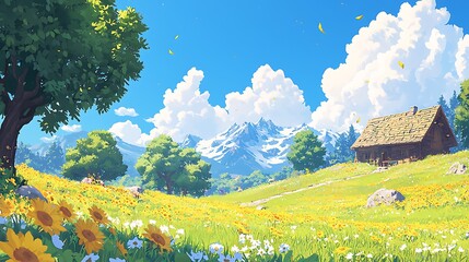 Idyllic Summer Landscape Sunflowers Mountain Cabin and Alpine Scenery
