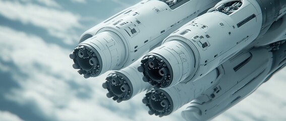 Futuristic, white spacecraft engines against a cloudy sky.  Detailed, complex engine design with multiple nozzles and components are visible.  Sleek, almost metallic appearance