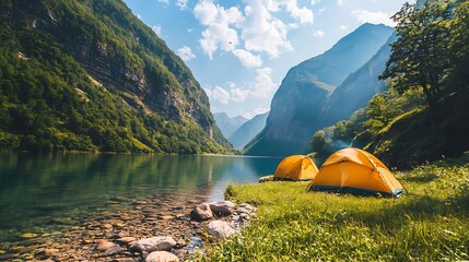 Serene Mountain Lake Camping Scene Two Yellow Tents by Crystal Clear Water