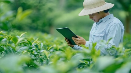 Modern farmer using digital technology in tea plantation agriculture