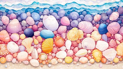 Vibrant Seashells and Pebbles on a Beach Ocean Wave Background Summer Coastal Illustration