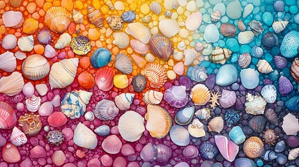 Vibrant Seashell Collection on Colorful Pebbles Beach Summer Texture Ocean Theme