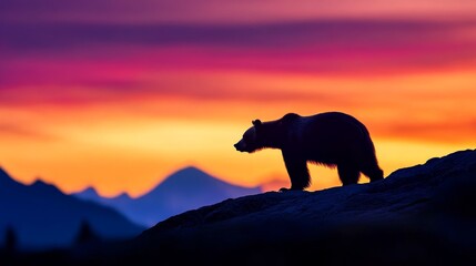 Grizzly Bear Silhouette at Sunset Majesty - Majestic grizzly bear silhouette against a vibrant sunset, symbolizing wilderness, freedom, power, solitude, and the beauty of nature