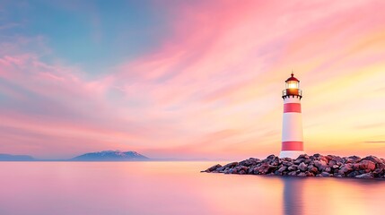 Serene Seascape Lighthouse at Sunset Pink Sky Calm Waters