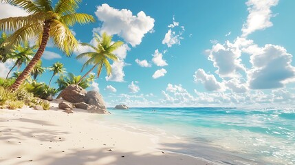 Idyllic Tropical Beach Scene White Sand Palm Trees Turquoise Ocean Sunny Sky