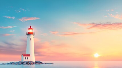 Serene Seascape Lighthouse at Sunset Calm Ocean Pink Sky