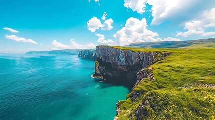 Stunning Coastal Cliffs Turquoise Ocean Green Grassland Dramatic Seascape Summer Day