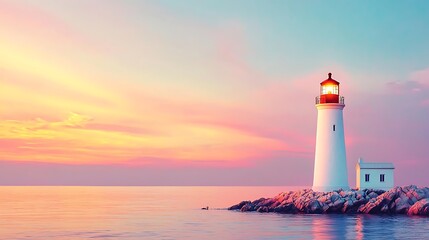 Serene Seascape Illuminated Lighthouse at Sunset Coastal Rocks and Calm Ocean