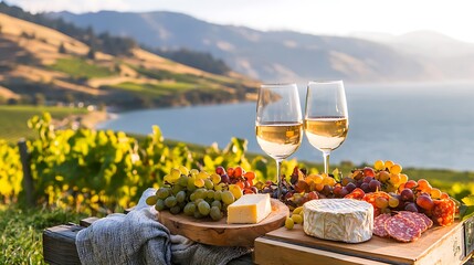 Two Glasses White Wine Vineyard Picnic Cheese Grapes Salami Scenic View