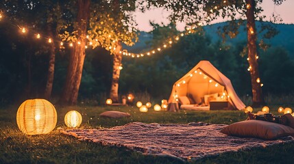 Romantic Glamping Scene Illuminated Tent String Lights and Cozy Blanket in Forest at Night