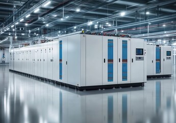 White industrial equipment in bright space with pipelines, lights, and blue cables.
