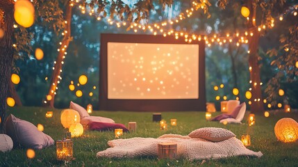 Romantic Outdoor Movie Night Backyard Cinema with String Lights and Cozy Blankets