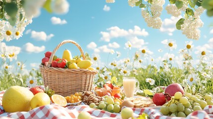 Sunny Spring Picnic Basket with Fresh Fruits Delicious Treats Flowers