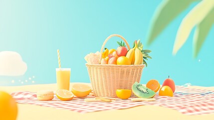 Summer Picnic Basket with Tropical Fruits Juice and Macarons on Beach