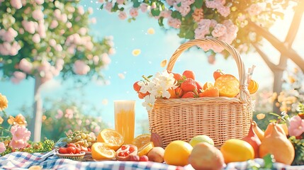 Sunny Summer Picnic Basket with Fresh Fruit Juice and Flowers in a Garden